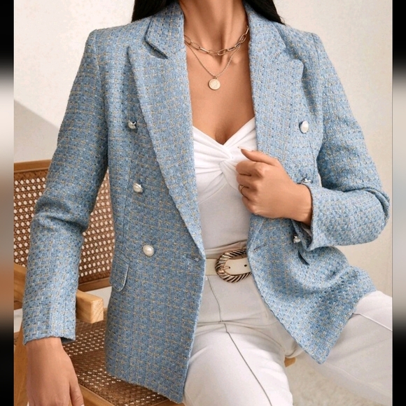 Plaid Print Double Breasted Blazer Workwear  - Picture 1 of 4